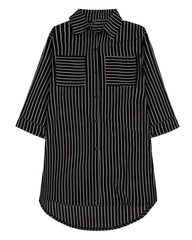 Women Lapel 3/4 Sleeve Striped Long Blouse