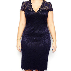 Sexy Pencil Bodycon Dress Short Sleeve V Neck Slim Fit Blue Lace