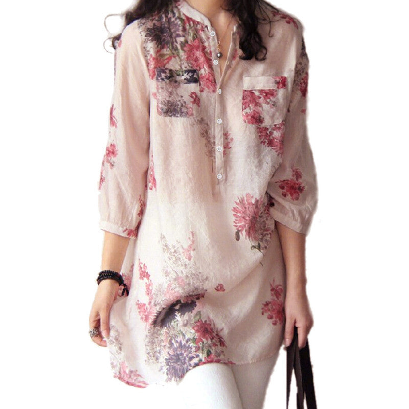 Floral Print 3/4 Sleeve Linen Button Casual Long Blouse