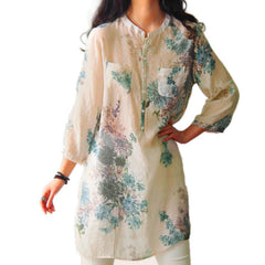 Floral Print 3/4 Sleeve Linen Button Casual Long Blouse