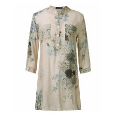 Floral Print 3/4 Sleeve Linen Button Casual Long Blouse