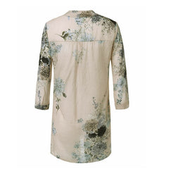 Floral Print 3/4 Sleeve Linen Button Casual Long Blouse