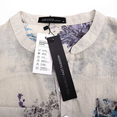 Floral Print 3/4 Sleeve Linen Button Casual Long Blouse