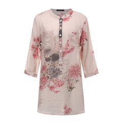Floral Print 3/4 Sleeve Linen Button Casual Long Blouse