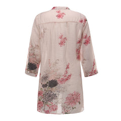 Floral Print 3/4 Sleeve Linen Button Casual Long Blouse
