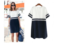 Chiffon Patchwork Short Sleeve O-neck Straight Midi Dress