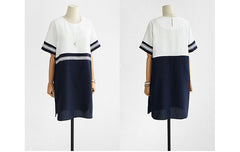 Chiffon Patchwork Short Sleeve O-neck Straight Midi Dress