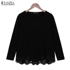 Long Sleeve O-Neck Casual Tops Sexy Lace Crochet
