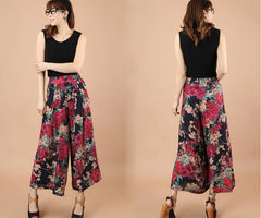 Print Flower Pattern Wide Leg Loose Linen Dress Pants