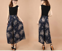 Print Flower Pattern Wide Leg Loose Linen Dress Pants