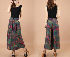 Print Flower Pattern Wide Leg Loose Linen Dress Pants