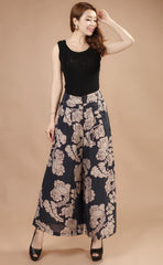 Print Flower Pattern Wide Leg Loose Linen Dress Pants