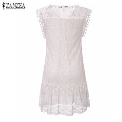 Short Tassel Solid White Mini Lace Dress