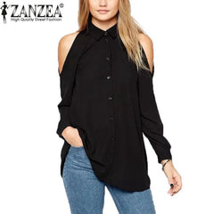 Turn Down Collar Long Sleeve Off Shoulder Long Chiffon Blouse