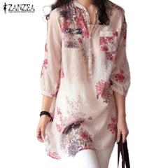 Floral Print 3/4 Sleeve Linen Button Casual Long Blouse