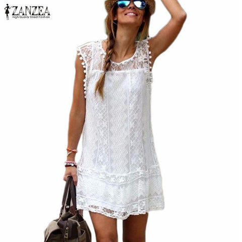 Short Tassel Solid White Mini Lace Dress
