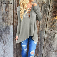 Sexy V Neck Bandage Asymmetric Hooded Blouse