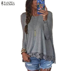 Long Sleeve O-Neck Casual Tops Sexy Lace Crochet