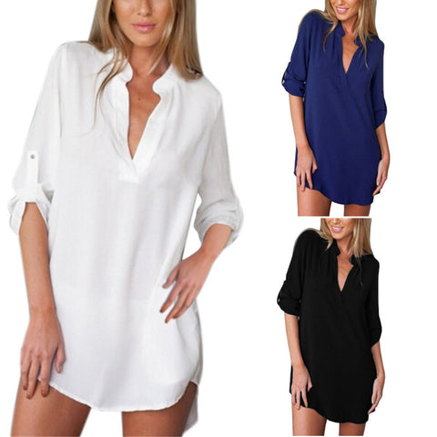 V neck Long Sleeve Party Mini Chiffon Shirt Dress