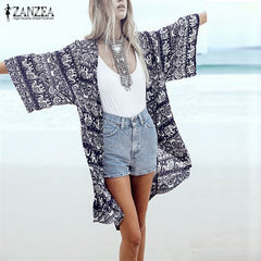3/4 Sleeve Casual Beach Boho Cover Up Cardigan Long Blouse