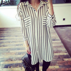 Women Lapel 3/4 Sleeve Striped Long Blouse