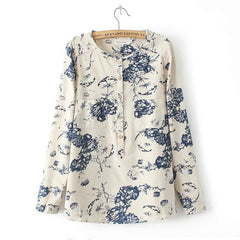 Long Sleeve Cotton Linen Tops Fashion Lotus Pattern Print