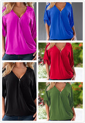Sexy V Neck ZIpper Half Sleeve Shirt Loose